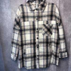 Zenana Women's Small Black Tan Cream Plaid Oversized Button Down Shacket